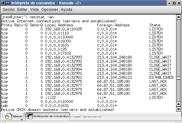 Consola de Linux ejecutando netstat