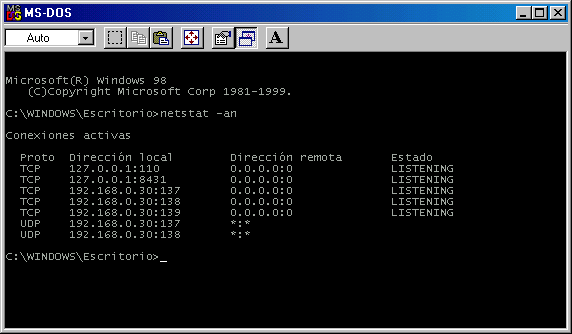 Pantalla de MSDOS ejecutando netstat